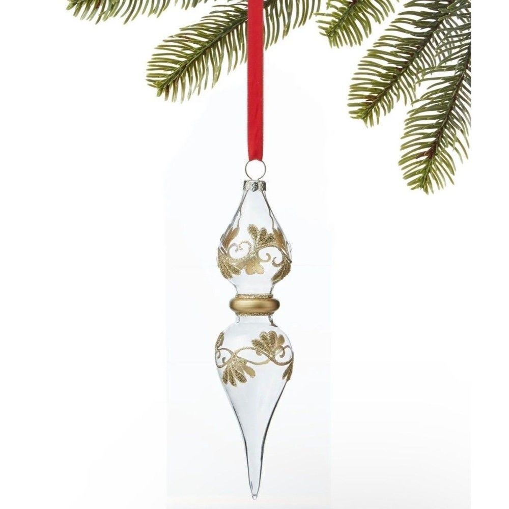Holiday Lane Evergreen Dreams Clear with Gold-Tone Decal Finial Ornament